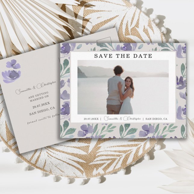 Boho Purple Watercolor Floral Save the Date Postcard (Creator Uploaded)