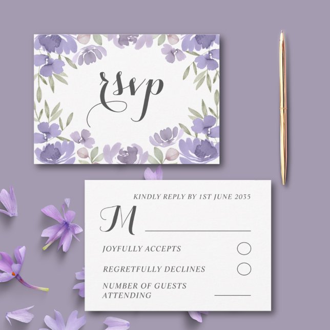 Boho Purple Watercolor Floral Wedding RSVP Card (Creator Uploaded)