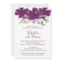 Boho Purple Watercolor Flowers Wedding Invitation