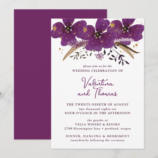 Boho Purple Watercolor Flowers Wedding Invitation (Front/Back)