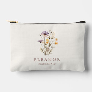 Boho Purple Wildflowers Bridesmaid Name Custom Accessory Pouch