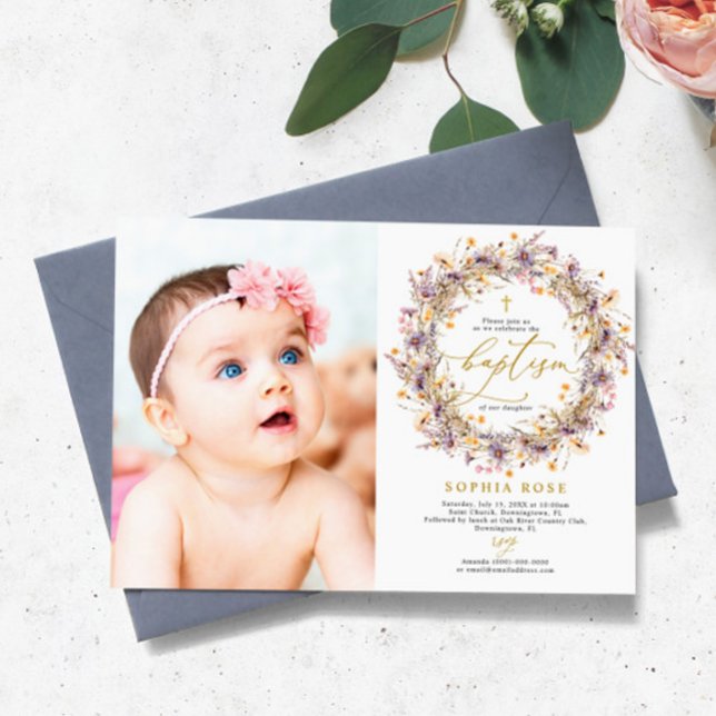 Boho Purple Wildflowers Photo Baptism Invitation (Creator Uploaded)