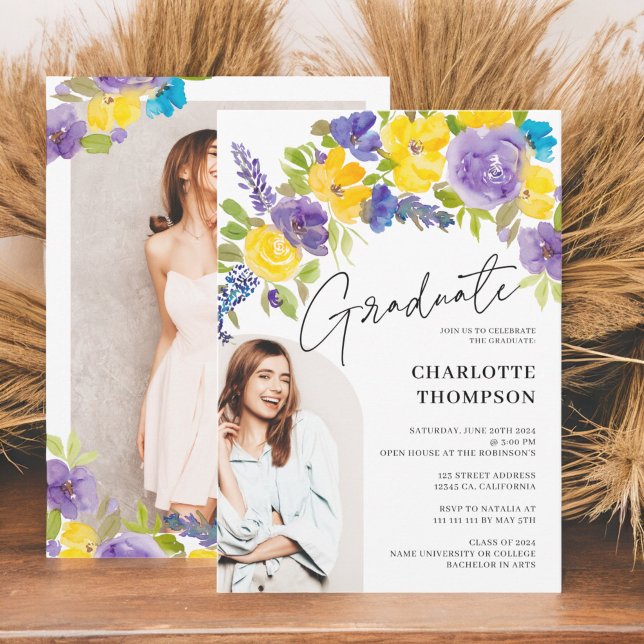 Boho purple yellow floral photo graduation invitation (Boho purple yellow floral photo graduation invitation)