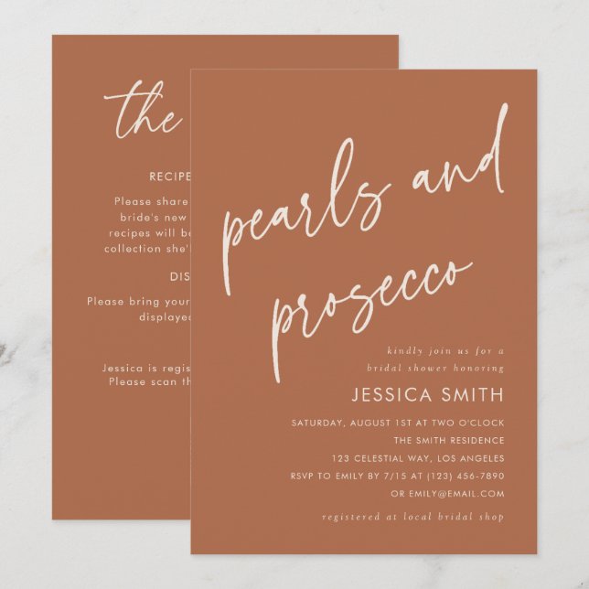 Boho QR Code Pearls and Prosecco Bridal Shower Invitation (Front/Back)
