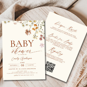 Boho QR Code Wildflower All in One Baby Shower Invitation