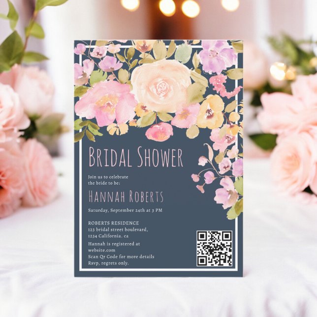 Boho QR Pastel Pink peach Floral Bridal Shower Invitation (Boho QR Pastel Pink peach Floral Bridal Shower Invitation on midnight blue)