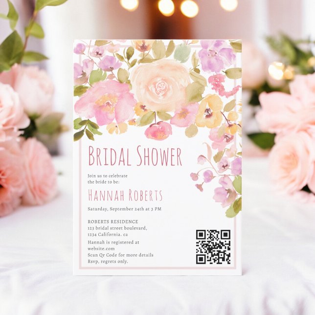 Boho QR Pastel Pink peach Floral Bridal Shower Invitation (Boho QR Pastel Pink peach Floral Bridal Shower Invitation on white)