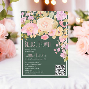 Boho QR Pastel Pink peach Floral Bridal Shower Invitation