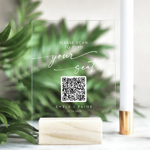 Boho QR White Acrylic Wedding Seating Chart Sign
