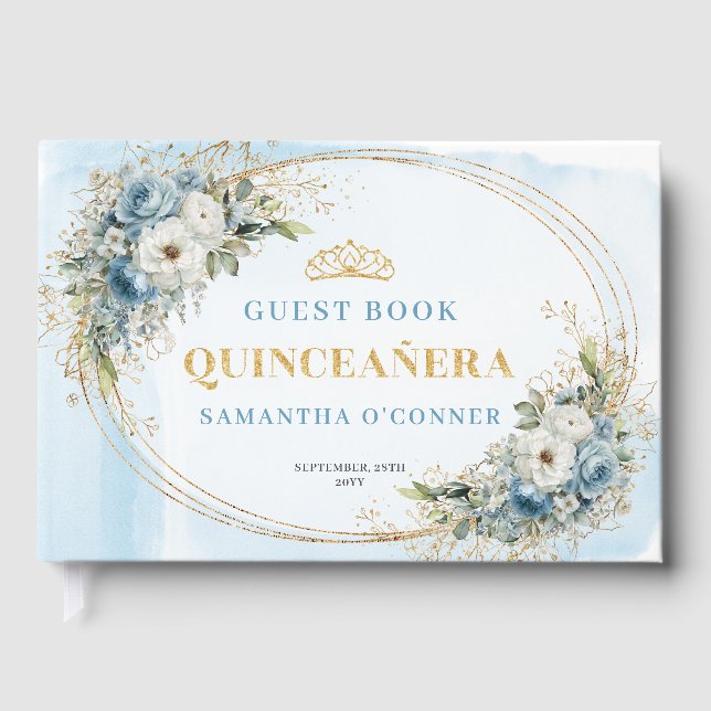 Boho Quinceañera Dusty Blue Gold Eucalyptus  Guest Book (Front)
