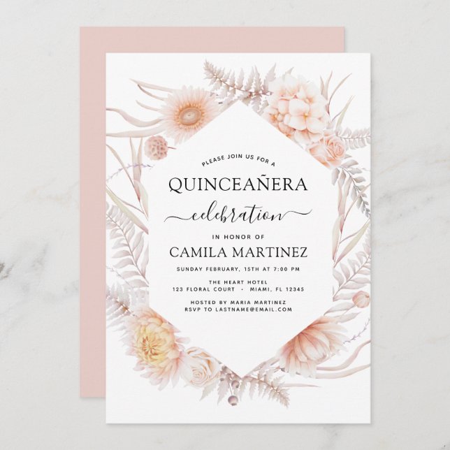 Boho Quinceañera Dusty Pink Floral 15th Birthday I Invitation (Front/Back)