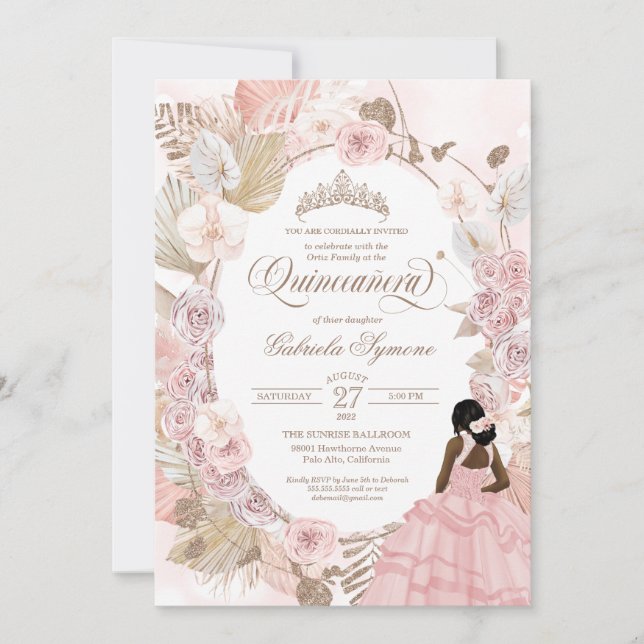 Boho Quinceanera Pink Roses Dried Floral Orchid  I Invitation (Front)