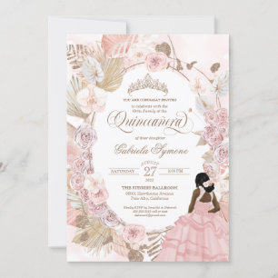 Boho Quinceanera Pink Roses Dried Floral Orchid  I Invitation