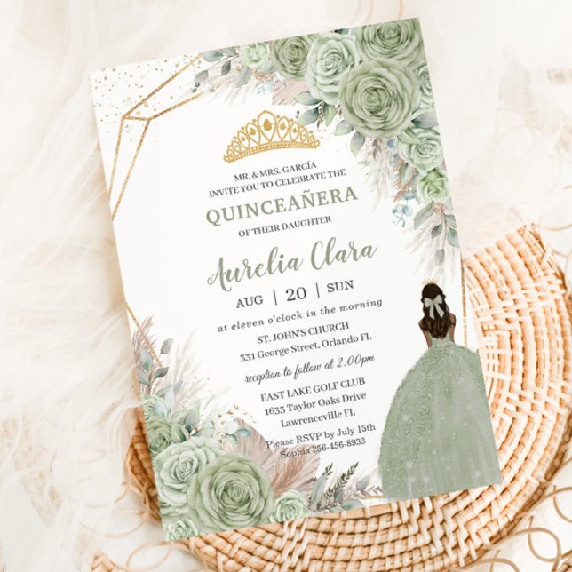Boho Quinceanera Sage Green Floral Pampas Grass Invitation (Creator Uploaded)