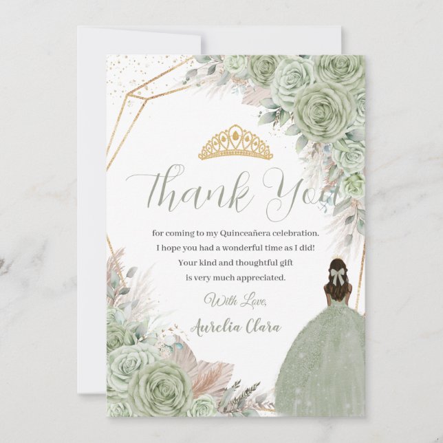 Boho Quinceanera Sage Green Floral Pampas Grass Thank You Card (Front)
