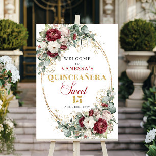 Boho Quinceanera Welcome Sign Burgundy Floral Gold