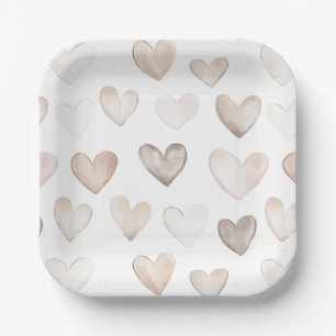 Boho Quirky Cream Beige Hearts Pattern Paper Plate