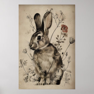 Boho Rabbit Bunny Flower Print, Rustic Hare Poster