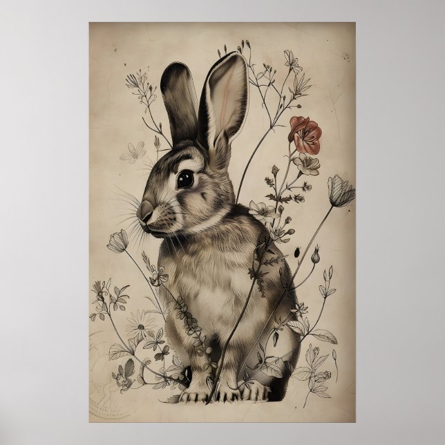 Boho Rabbit Bunny Flower Print, Rustic Hare Poster (Front)