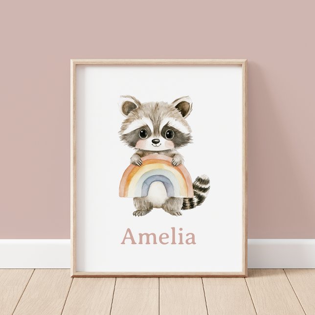 Boho Racoon And Rainbow Baby Name Nursery Art Poster (Creator Uploaded)