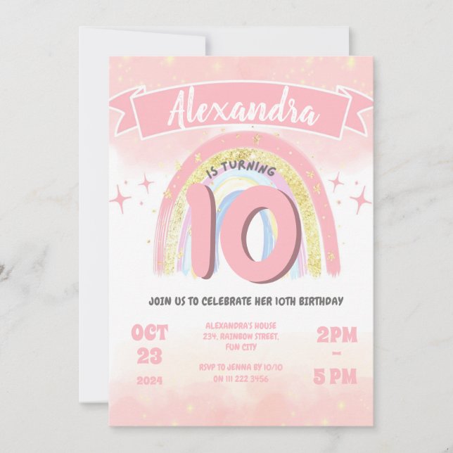 Boho Rainbow 10th Any Age Birthday Girl Glitter Invitation (Front)