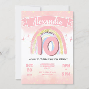 Boho Rainbow 10th Any Age Birthday Girl Glitter Invitation