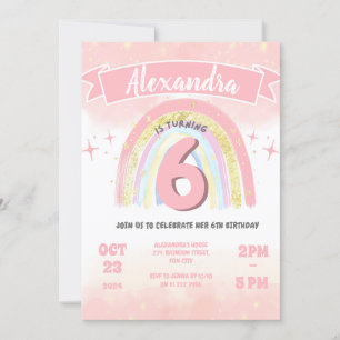 Boho Rainbow 6th Any Age Glitter Birthday Girl  Invitation