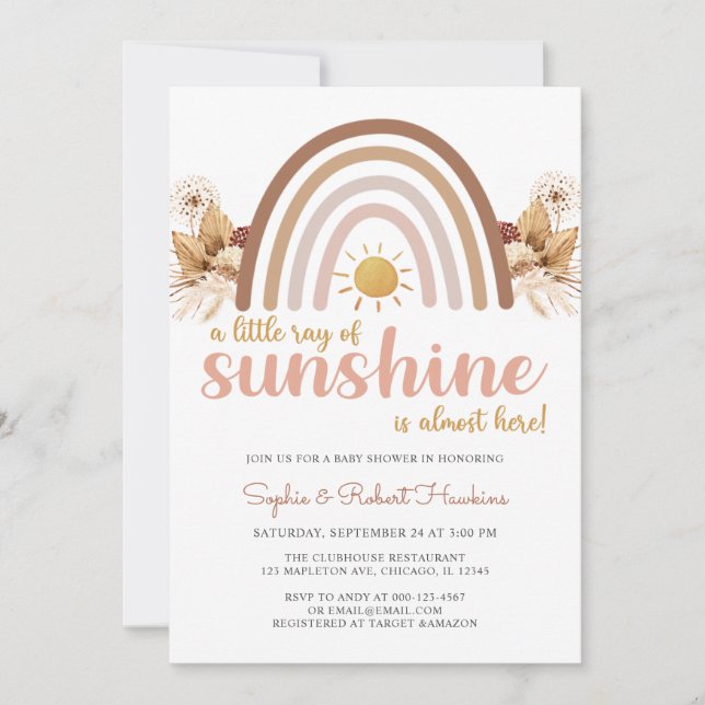 Boho Rainbow A Little Ray of Sunshine Baby Shower Invitation (Front)