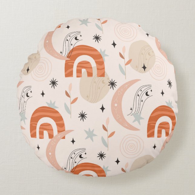 Boho rainbow abstract line art moon stars flowers  round cushion (Front)