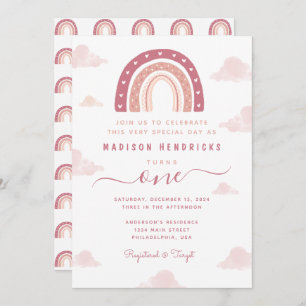 Boho Rainbow and Clouds Pastel Pink Birthday Invitation