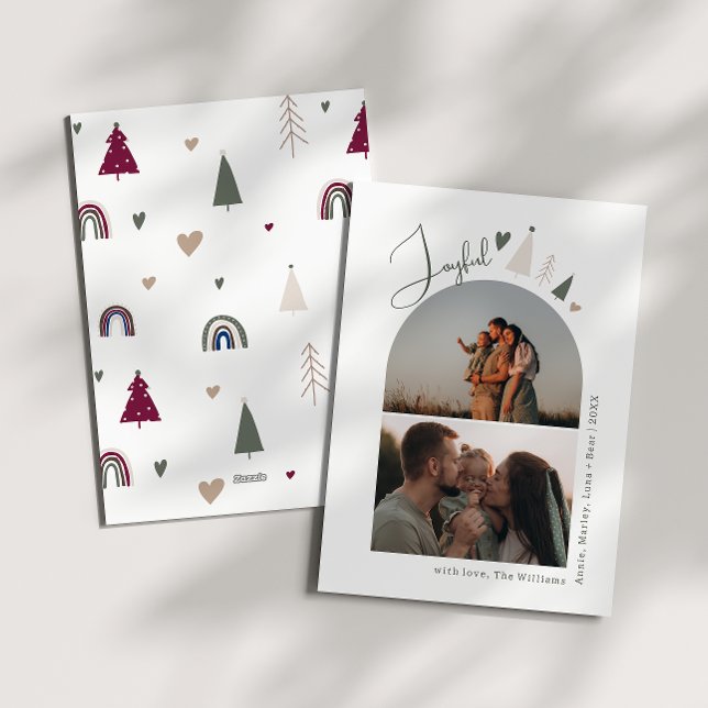 Boho Rainbow and Heart Arch Green Joyful Two Photo Holiday Card (Creator Uploaded)
