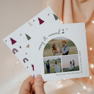 Boho Rainbow and Heart Merry & Married Three Photo Holiday Card