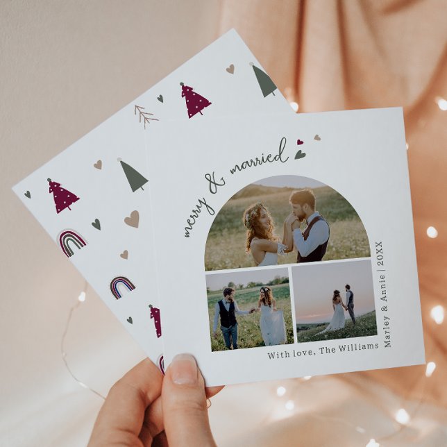Boho Rainbow and Heart Merry & Married Three Photo Holiday Card (Creator Uploaded)