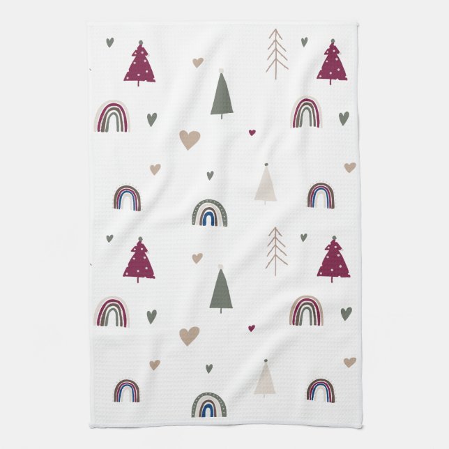 Boho Rainbow and Hearts Christmas Kitchen Towel (Vertical)