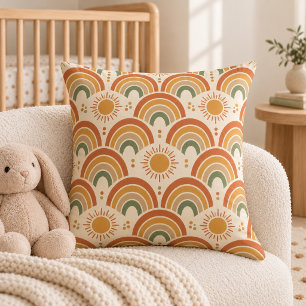 Boho Rainbow and Sun Earthy Nursery Throw Pillow