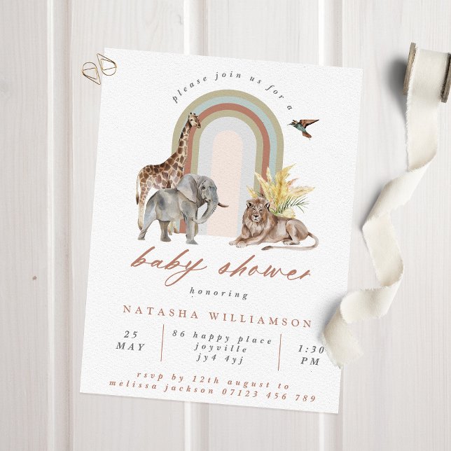 Boho Rainbow Arch & Safari Animals Baby Shower Invitation (Creator Uploaded)