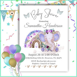Boho Rainbow Baby Elephant Baby Shower  Invitation