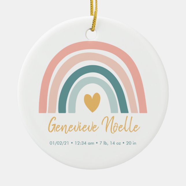 Boho Rainbow Baby Personalised Birth Stats Ceramic Ornament (Front)