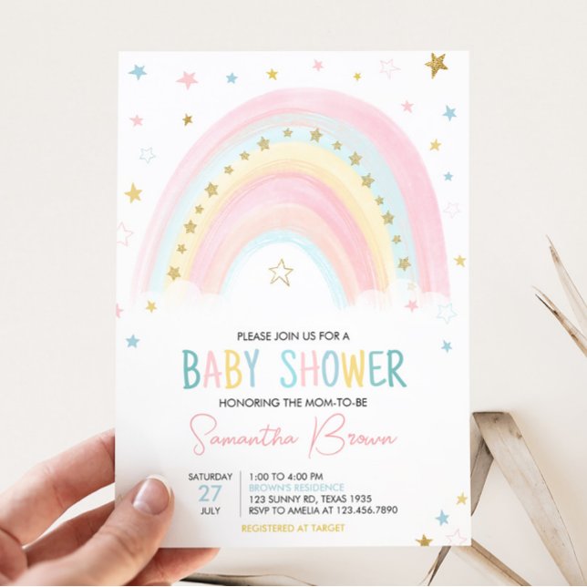 Boho Rainbow Baby Shower  Invitation (Pink Rainbow Baby Shower Invitation)