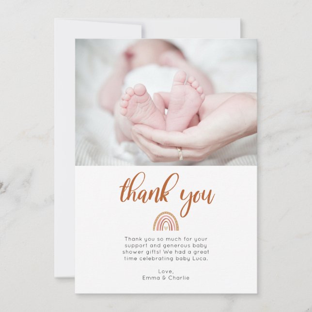 Boho Rainbow Baby Shower Photo Thank You Card (Front)