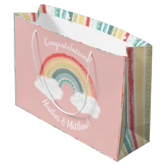 Boho Rainbow Baby Shower Pink Large Gift Bag (Back Angled)