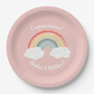 Boho Rainbow Baby Shower Pink Paper Plate