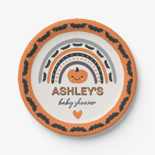 Boho Rainbow Bats Orange Halloween Baby Shower Paper Plate