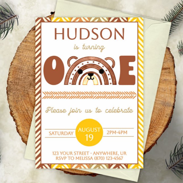 Boho Rainbow Bear First Birthday Invitation (Creator Uploaded)