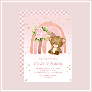 Boho Rainbow Bear Girl's 1st Birthday Invitation