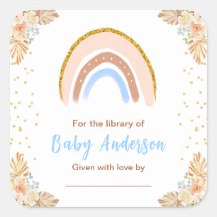 Boho Rainbow Blue Baby Shower Bookplate Square Sticker