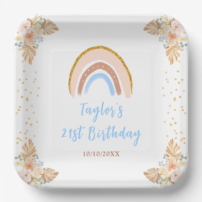 Boho Rainbow Blue Baby Shower Paper Plate (Front)