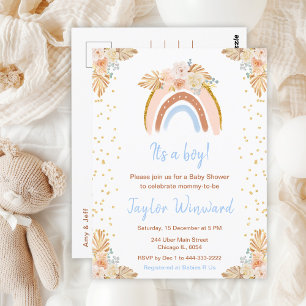 Boho Rainbow Blue Baby Shower Postcard