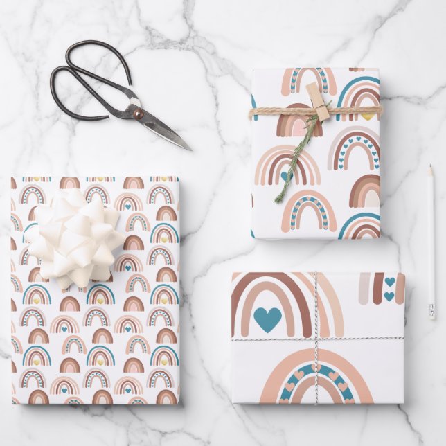 Boho Rainbow Blue Blush Gold Hearts Wrapping Paper Sheet (Front)