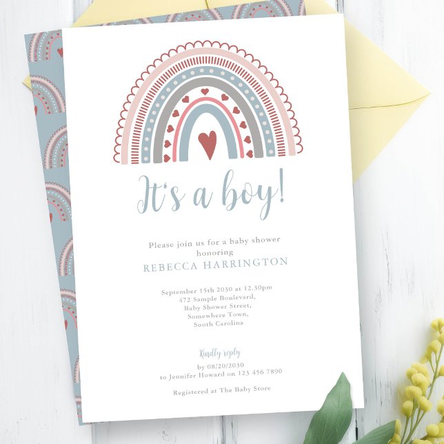 Boho Rainbow Blue Boy Baby Shower Invitation (Creator Uploaded)
